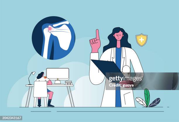 a female doctor explains that working in front of a computer for a long time can cause injuries to the shoulder spine. - frustrated doctor stock illustrations