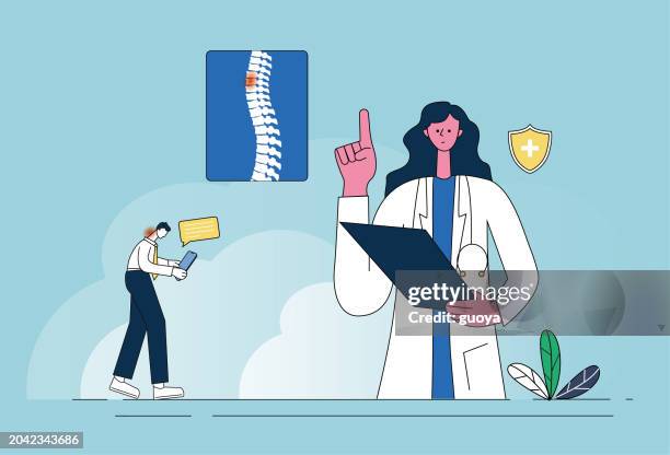 female doctor explains the knowledge that long-term looking down at mobile phones can cause spinal injuries - doctor using tablet stock illustrations