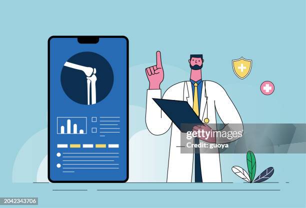 a bearded doctor explains health knowledge about knee and knee orthopedics on his mobile phone. - knee surgery stock illustrations