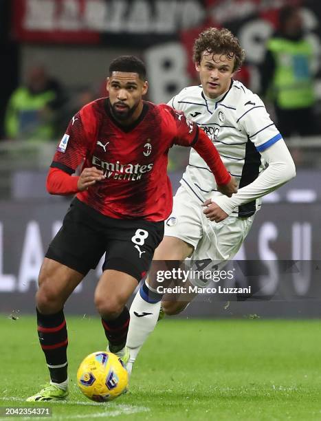 Ruben Loftus-Cheek of AC Milan is pressured by Giorgio Scalvini of Atalanta BC during the Serie A TIM match between AC Milan and Atalanta BC at...