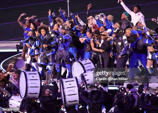 Ludacris, Usher, Lil Jon, Jermaine Dupri and will.i.am perform during the Apple Music Super Bowl LVIII Halftime Show at Allegiant Stadium on February...