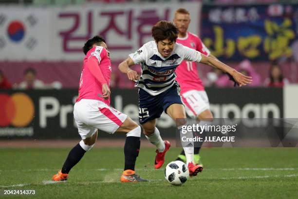 Yun Il-Lok of Yokohama F.Marinos is challenged by Hotaru Yamaguchi of Cerezo Osaka during the J.League J1 match between Cerezo Osaka and Yokohama...