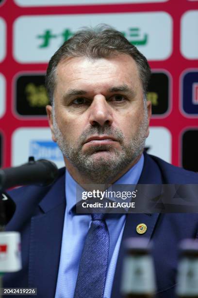 Head coach Ange Postecoglou of Yokohama F.Marinos speaks at the post match press conference after the J.League J1 match between Cerezo Osaka and...