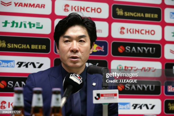 Head coach Yoon Jong-hwan of Cerezo Osaka speaks at the post match press conference after the J.League J1 match between Cerezo Osaka and Yokohama...