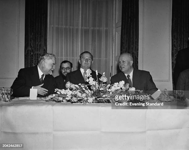 Soviet leader Nikita Khruschev , right, with British Foreign Secretary Selwyn Lloyd , centre, and Soviet Premier, Nikolai Bulganin , left, in London...