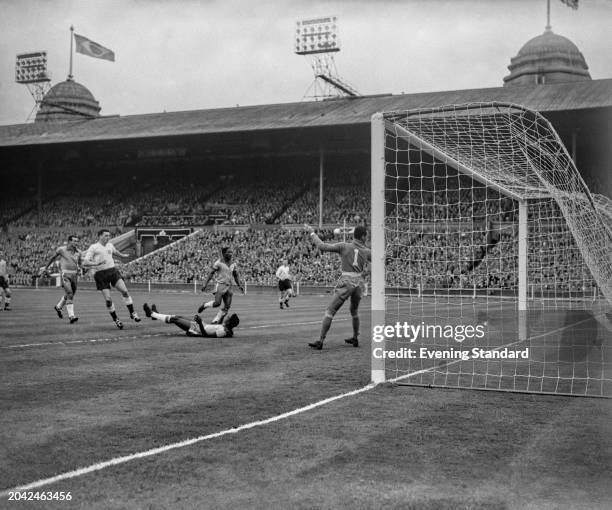 Soccer players in action during an international Friendly football match between England and Brazil at Wembley Stadium, London, May 9th 1956. England...