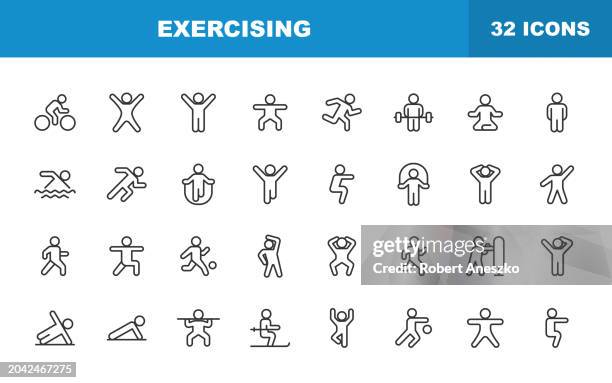 illustrations, cliparts, dessins animés et icônes de exercice des icônes de ligne. trait modifiable. contient des icônes telles que la course à pied, le cyclisme, le yoga, l’haltérophilie, les étirements, le football, le football, le tennis, le basket-ball, le combat, l’aérobic, la musculation, la - sports icons people