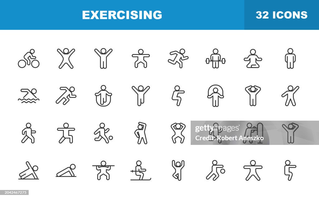 Exercising Line Icons. Editable Stroke. Contains such icons as Running, Cycling, Yoga, Weightlifting, Stretching, Soccer, Football, Tennis, Basketball, Fighting, Aerobics, Bodybuilding, Walking.