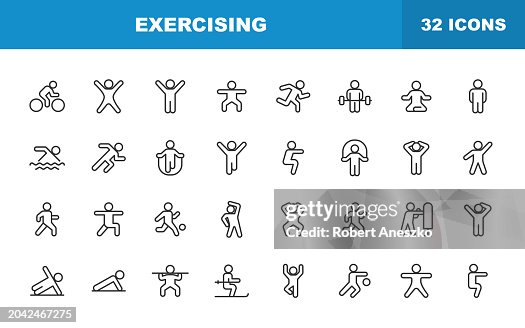 Exercising Line Icons. Editable Stroke. Contains such icons as Running, Cycling, Yoga, Weightlifting, Stretching, Soccer, Football, Tennis, Basketball, Fighting, Aerobics, Bodybuilding, Walking. Exercising Line Icons. Editable Stroke. Contains such icons as Running, Cycling, Yoga, Weightlifting, Stretching, Soccer, Football, Tennis, Basketball, Fighting, Aerobics, Bodybuilding, Walking.