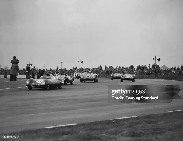 Cars and spectators at Copse Corner during the International Daily Express Sports Car Race, Silverstone, Northamptonshire, May 5th 1956.