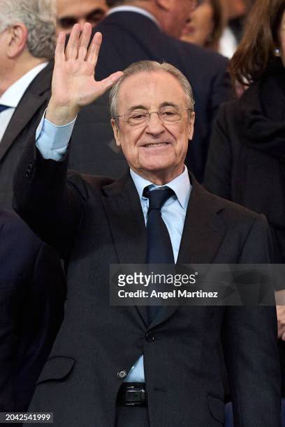 Florentino Perez, President of Real Madrid, waves the fans prior to the LaLiga EA Sports match between Real Madrid CF and Sevilla FC at Estadio...