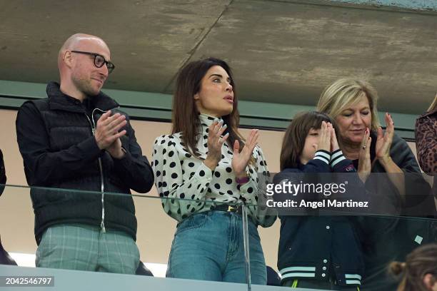 Spanish Presenter Pilar Rubio, Wife of Sergio Ramos of Sevilla FC , and her son Sergio Ramos Rubio, look on from the stands prior to during the...