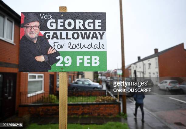 Promotional signs for Workers Party candidate George Galloway are pictured in Rochdale, northern England on March 1 the day after Galloway was...