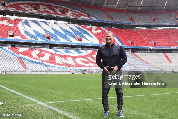 Max Eberl, Board Member for Sport FC Bayern München poses at the field of play of the Allianz Arena after a press conference in which Eberl is...