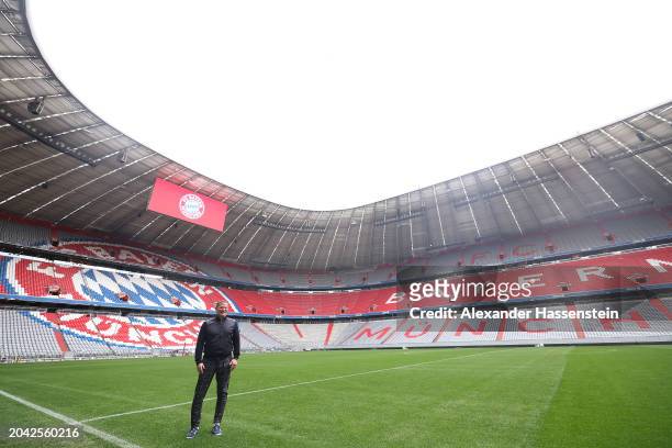 Max Eberl, Board Member for Sport FC Bayern München poses at the field of play of the Allianz Arena after a press conference in which Eberl is...
