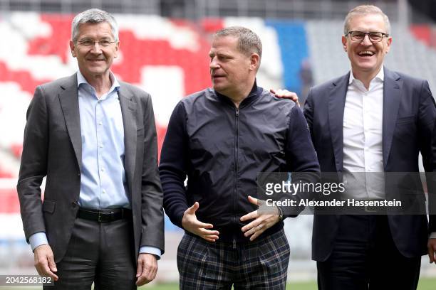 Max Eberl , Board Member for Sport FC Bayern München poses with Herbert Hainer , Presseident of FC Bayern München and Jan-Christian Dreesen, CEO of...