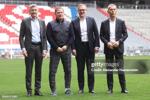 Max Eberl , Board Member for Sport FC Bayern München poses with Herbert Hainer , President of FC Bayern München, Jan-Christian Dreesen, CEO of FC...