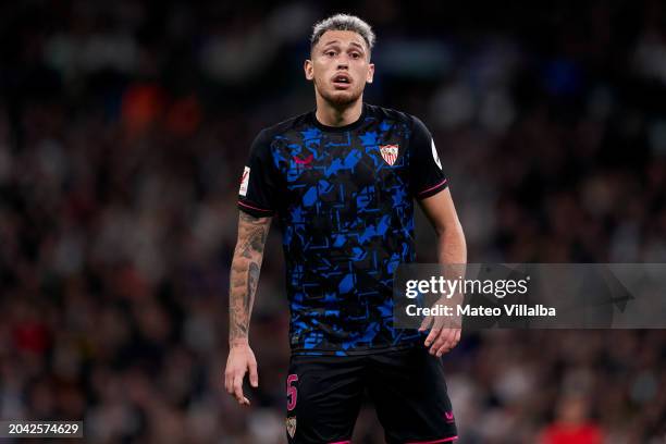 Lucas Ocampos of Sevilla FC reacts during the LaLiga EA Sports match between Real Madrid CF and Sevilla FC at Estadio Santiago Bernabeu on February...