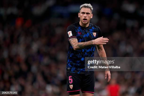 Lucas Ocampos of Sevilla FC reacts during the LaLiga EA Sports match between Real Madrid CF and Sevilla FC at Estadio Santiago Bernabeu on February...