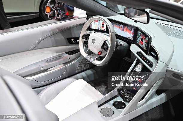 The interior of an MG Cyberster fully Electric EV car is displayed during the Geneva Motor Show 2024 at Palexpo on February 26, 2024 in Geneva,...
