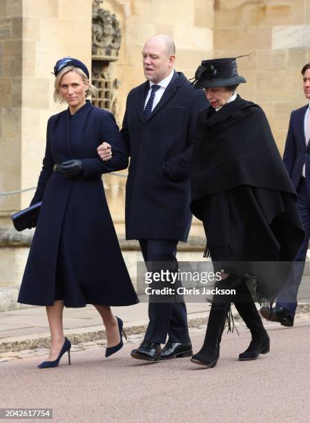 Zara Tindall, Mike Tindall and Anne, Princess Royal attend the Thanksgiving Service for King Constantine of the Hellenes at St George's Chapel on...