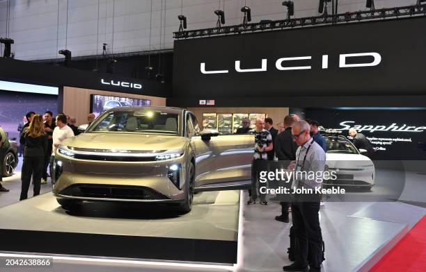 Lucid Gravity fully electric EV car is displayed during the Geneva Motor Show 2024 at Palexpo on February 26, 2024 in Geneva, Switzerland. The 2024...