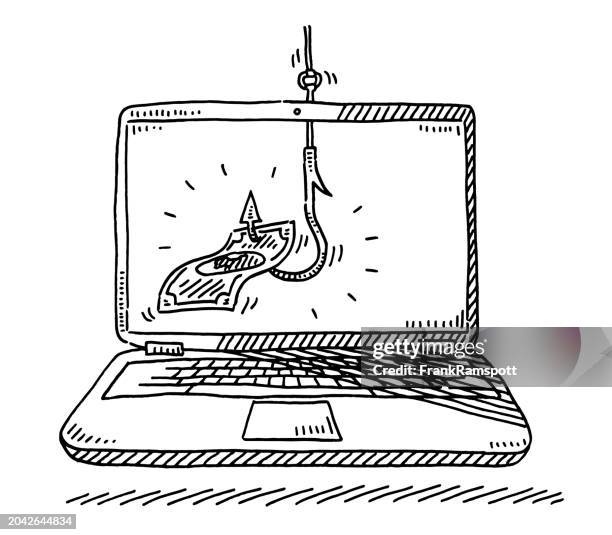 phishing crime banknote laptop concept drawing - phishing stock illustrations
