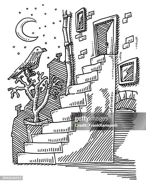mystery concept stairs human shadow drawing - tree shadow white stock illustrations