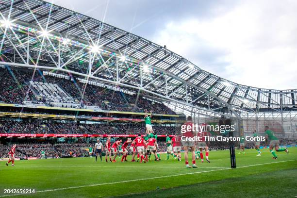 February 24: A general view as Ryan Baird of Ireland wins a line out against a panoramic view of Aviva Stadium during the Ireland V Wales, Six...
