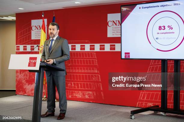 The President of the CNMV, Rodrigo Buenaventura, presents the CNMV's activity plan for 2024, at the CNMV's headquarters on February 27 in Madrid,...