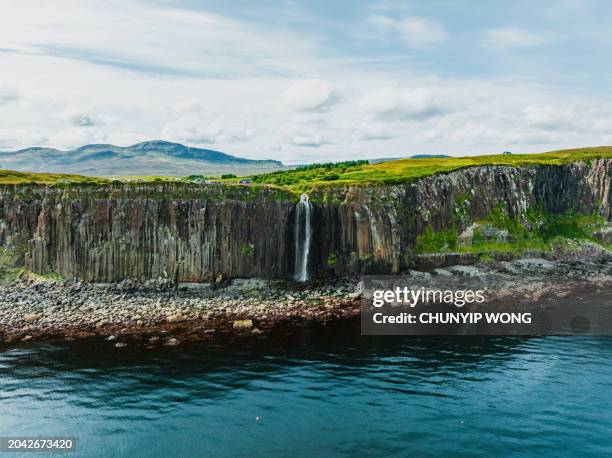 drone view of kilt rock & mealt falls, isle of skye, scotland - meadow brook stock pictures, royalty-free photos & images