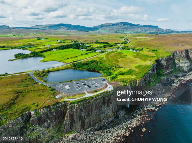 drone view of kilt rock & mealt falls, isle of skye, scotland - meadow brook stock pictures, royalty-free photos & images