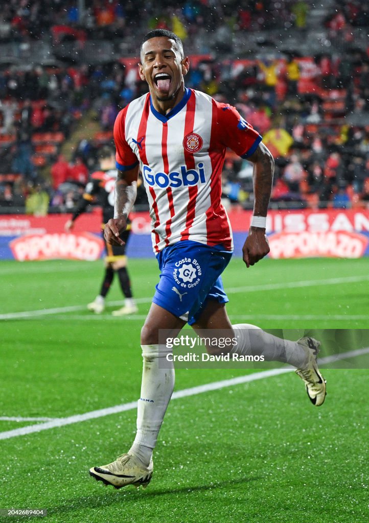 Savio Moreira Of Girona FC Celebrates Their Teams Third Goal During
