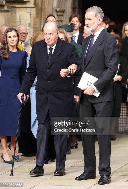 Juan Carlos I and Felipe VI of Spain depart the Thanksgiving Service for King Constantine of the Hellenes at St George's Chapel on February 27, 2024...