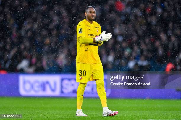 Steve Mandanda of Stade Rennais looks on during the Ligue 1 Uber Eats match between Paris Saint-Germain and Stade Rennais FC at Parc des Princes on...