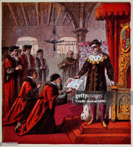 king edward vi granting a charter to barber surgeons of london, medieval, tudor, english history. - 16th century style stock illustrations