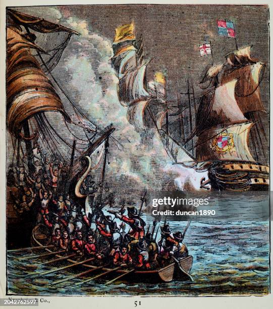 spanish armada a spanish fleet that attempted to invade england, 1588, tudor, elizabethan era, english history. - 16th century style stock illustrations