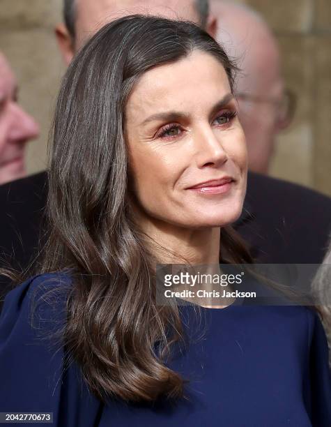 Queen Letizia of Spain departs the Thanksgiving Service for King Constantine of the Hellenes at St George's Chapel on February 27, 2024 in Windsor,...