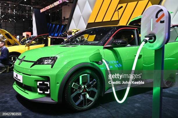 Renault R5 E-Tech 100% Electric Ev car is displayed during the Geneva Motor Show 2024 at Palexpo on February 26, 2024 in Geneva, Switzerland. The...