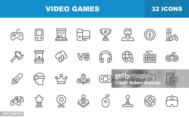 stockillustraties, clipart, cartoons en iconen met video games line icons. editable stroke. contains such icons as mobile game, device, gaming console, rpg, virtual reality, shooter, computer, tablet, multiplayer, streaming. - addiction mobile and laptop