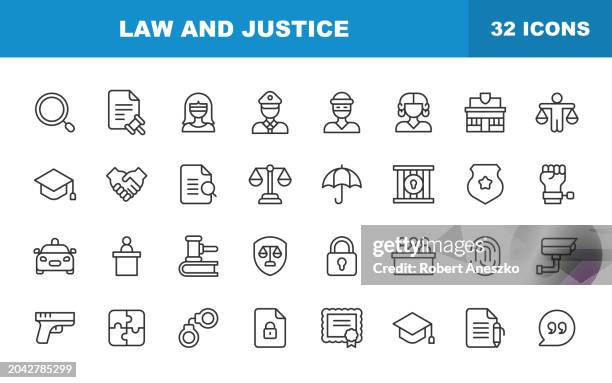 law and justice line icons. editable stroke. contains such icons as thief, police, judge, agreement, government, contract, compliance, crime, lawyer, evidence, prison, equality, legal system. - handcuffs vector stock illustrations