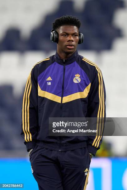 Aurelien Tchouameni of Real Madrid inspects the pitch prior to the LaLiga EA Sports match between Real Madrid CF and Sevilla FC at Estadio Santiago...