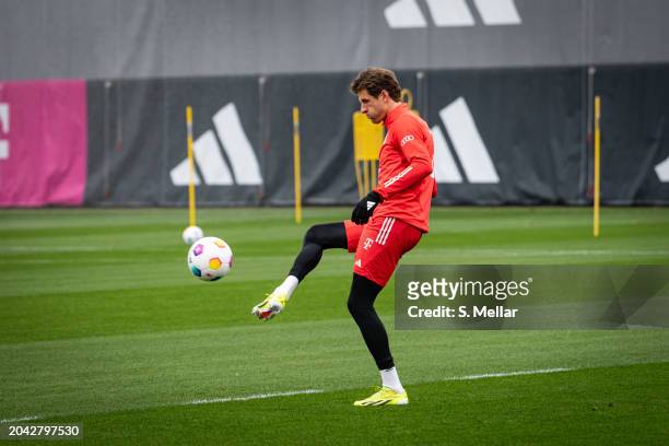 Thomas Mueller of FC Bayern Muenchen controls the ball at Saebener Strasse training ground on February 27, 2024 in Munich, Germany.
