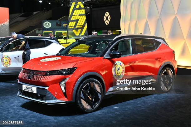 Renault Scenic E-Tech 100% Electric EV, voted car of the year is displayed during the Geneva Motor Show 2024 at Palexpo on February 26, 2024 in...