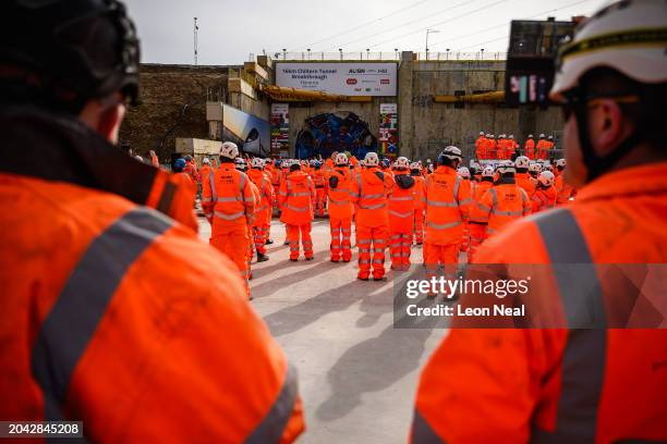 Members of the engineering team behind HS2's longest tunnel wait for the boring machine to break through, on February 27, 2024 in Great Missenden,...