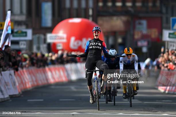 Vittoria Guazzini of Italy and Team FDJ - SUEZ celebrates at finish line as race winner ahead of Christina Schweinberger of Austria and Team...