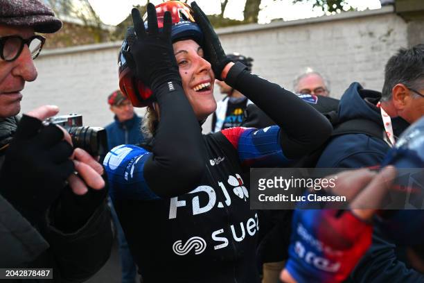 Race winner Vittoria Guazzini of Italy and Team FDJ - SUEZ reacts after the 13th Le Samyn des Dames 2024 a 114km one day race from Quaregnon to Dour...