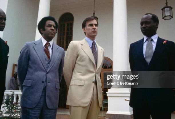 California Governor Edmund Brown meeting with Kenyan President Daniel Arap Moi during a visit to Nairobi, October 4th 1979. At left is Wilbert Le...