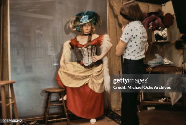 Austrian actress Barbara May, wearing an 'Old West' saloon costume, during a visit to Universal Studios in Universal City, California, June 1978.