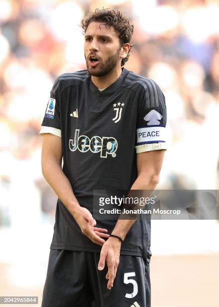 Manuel Locatelli of Juventus reacts during the Serie A TIM match between Juventus and Frosinone Calcio at on February 25, 2024 in Turin, Italy.